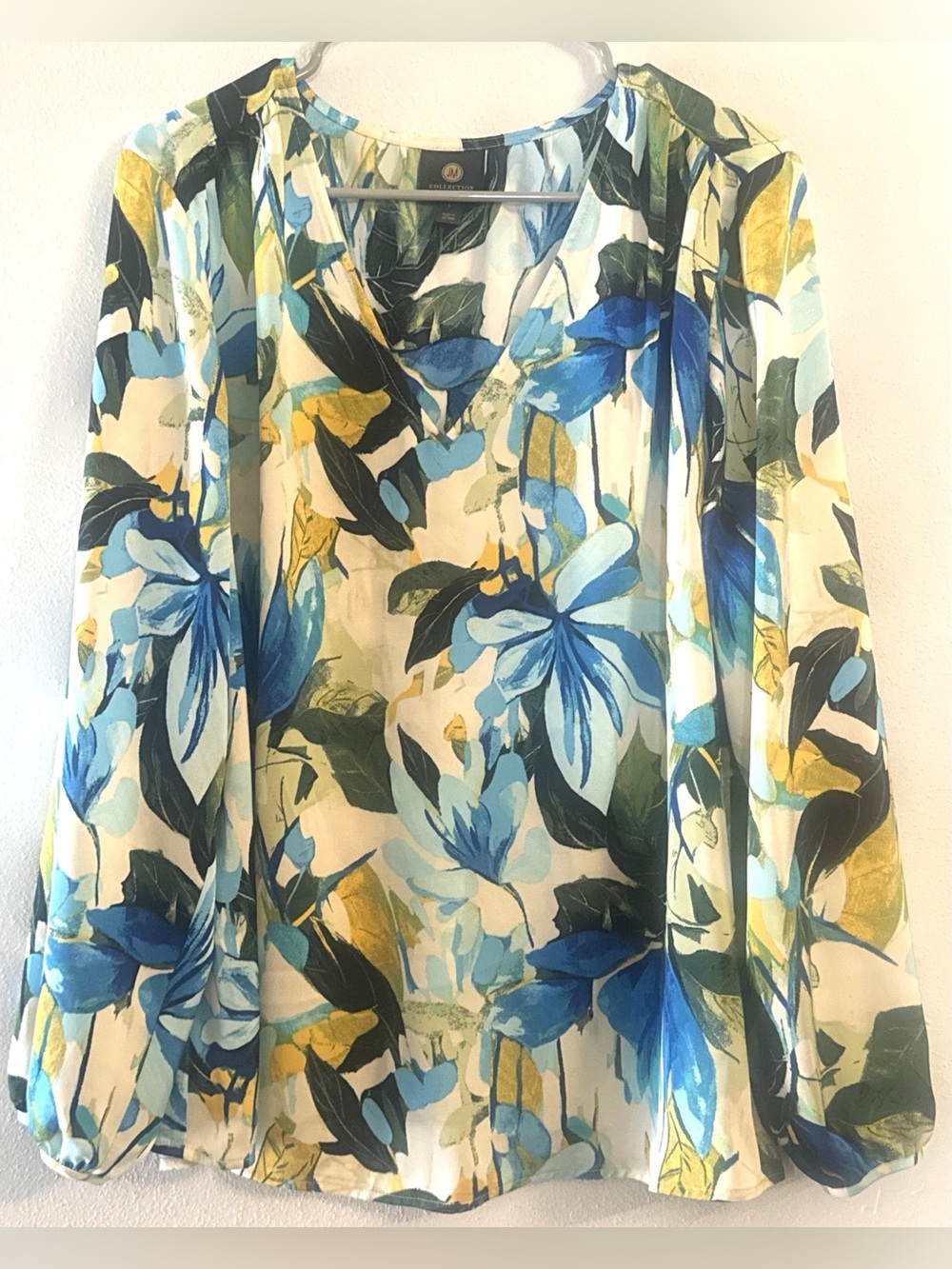 JM Collection Women's Blue Yellow Floral Sheer Long Sleeve Blouse Size Large - Picture 2 of 7